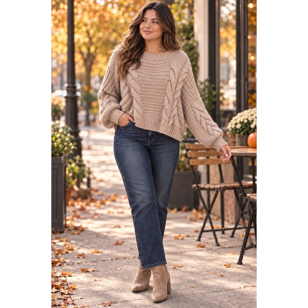 Zenana Women Tan Beige Cable Knit Oversized Crewneck Sweater XL